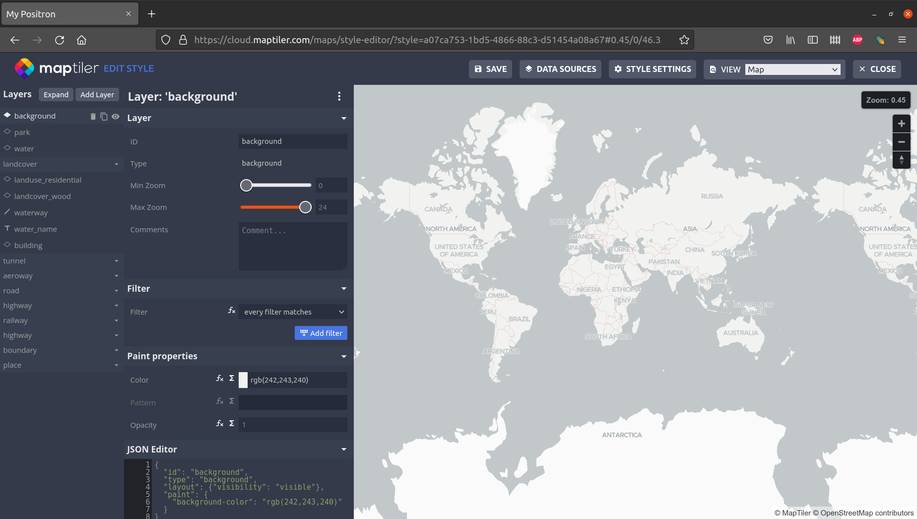 Customizing vector tiles on https://www.maptiler.com/