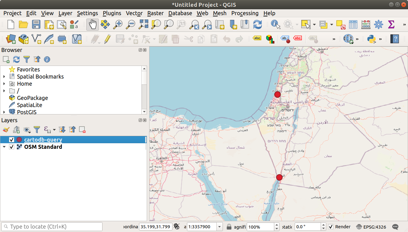 A GeoJSON file, obtained from the SQL API, displayed in QGIS