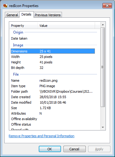 File properties for the red icon <code>red_icon.png</code>. The highlighted entry shows image dimensions in pixels (25 x 41).