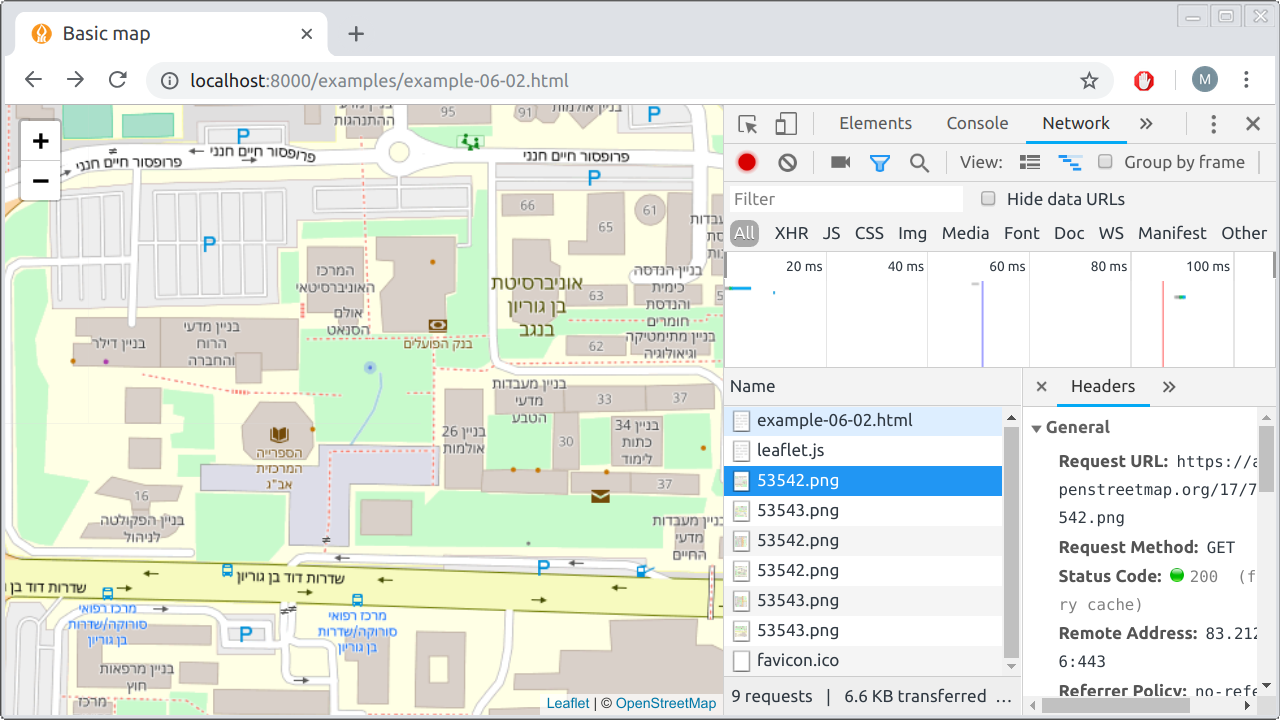 Observing network traffic as new tiles are being loaded into a Leaflet map\index{Leaflet (JavaScript Library)}